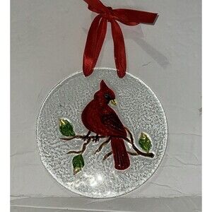 Suncatcher Cardinal Redbird Recycled Fused Glass Red Ribbon 6” Gift Christmas